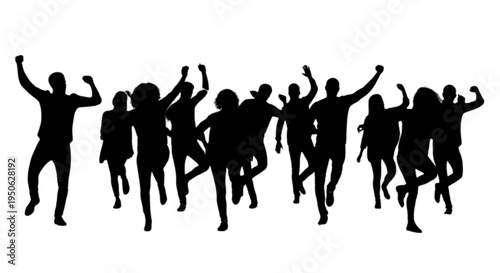 Group of people celebrating with arms raised in joyful unity isolated on transparent background, Vector