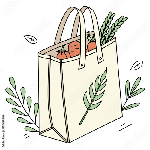 Reusable tote bag with vegetables and green leaves eco-friendly shopping bag