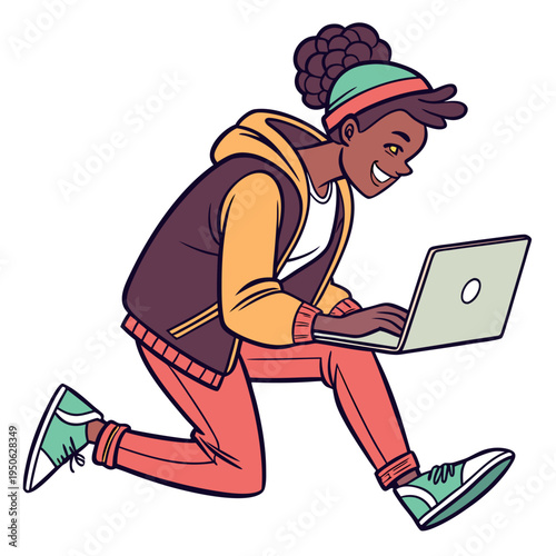Young african american woman using laptop on one knee with happy expression computer
