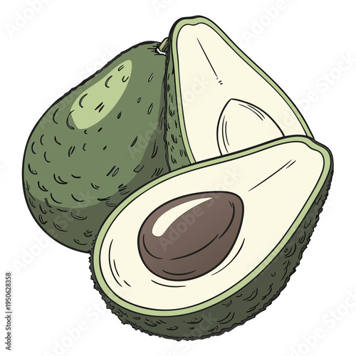 Three avocados with one cut in half and one cut into wedges fruit green halved