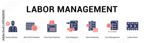 Labor Management  Modern and clean web banner illustration vector featuring thematic icons