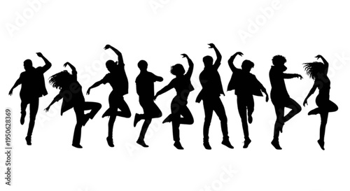 Dynamic silhouettes of people dancing in various joyful poses isolated on transparent background, Vector
