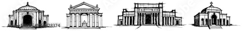 Classical Architecture Landmarks Facades Line Art Vector Set