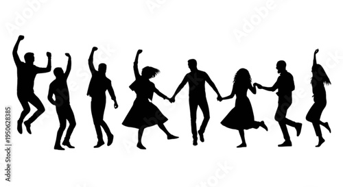 Group of people dancing and holding hands in a joyful circle formation isolated on transparent background, Vector