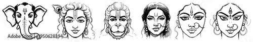 Hindu Deity Faces Ganesha Hanuman Shiva Durga Line Art Vector Set
