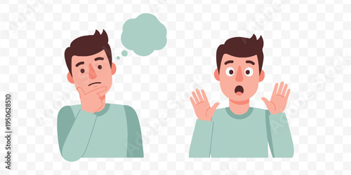 cartoon, men, confusion, surprise, speech, bubble, reaction, expression, puzzled, astonished, brown, hair, green, shirts, comic, illustration, emotion, communication, interaction, conversation, though