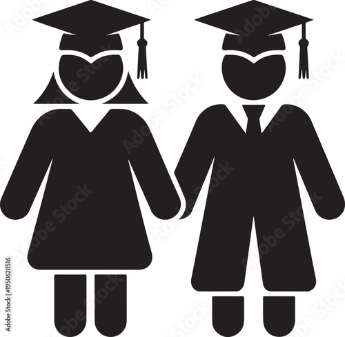 Two graduates holding hands in academic regalia