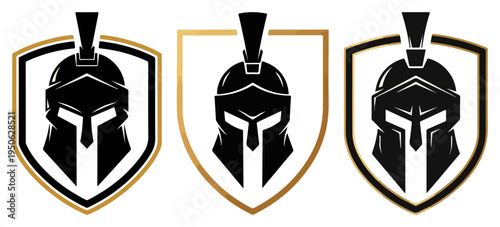 Spartan warrior helmet and shield logo vector set Greek Roman gladiator emblem for gym security or team mascot