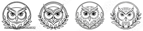 Line art owl head logo set with laurel wreath for wisdom and education symbol Wise bird mascot vector collection