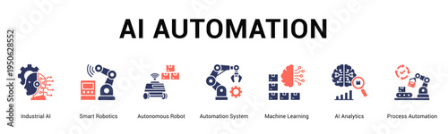AI Automation  Modern and clean web banner illustration vector featuring thematic icons
