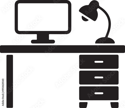 Modern office desk setup with computer and lamp