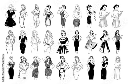 Pin Up Girls Full Figure Poses Retro Fashion Line Art Vector Collection