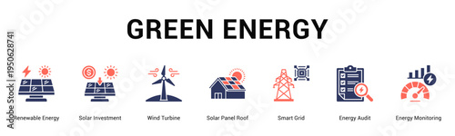 Green Energy  Modern and clean web banner illustration vector featuring thematic icons