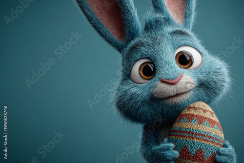 Wholesome easter greetings with a playful bunny and egg. Simple life. Green bunny joyfully embraces easter with a swirling egg. Pure reality. Authentic moment.