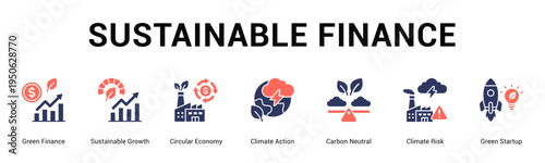 Sustainable Finance  Modern and clean web banner illustration vector featuring thematic icons