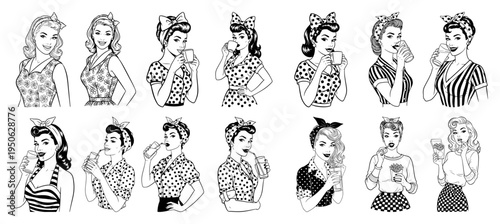 Retro pin up girl portraits vector set Vintage 1950s woman drinking coffee and eating fast food in pop art style