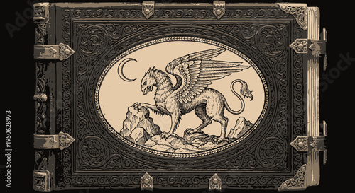 vintage book cover with winged lion and crescent moon