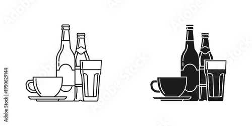 Coffee and alcohol bottles minimalist bar set flat design vector illustration
