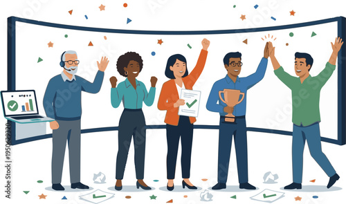 Cheerful team celebrating business success and winning a trophy