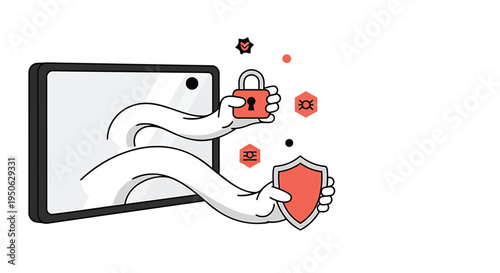 Vector illustration of protected device with shield and lock