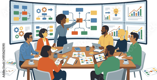 Team of experts analyzing complex workflows and logic diagrams