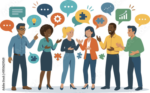 Group of professionals communicating with various speech bubbles