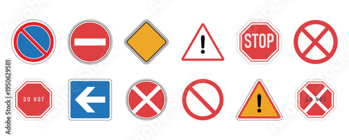 Set of stop sign warning sign prohibition sign red octagon circle triangle hand do not enter forbidden danger alert traffic sign road sign safety symbol icon graphic design illustration , eps10