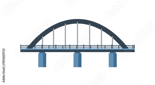 Modern arch bridge structure with blue supports and dark grey archway isolated on white background engineering marvel