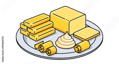 Various forms of butter and dairy spread presented on a plate with swirls sticks and cubes for culinary use