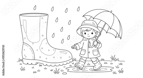 Charming cartoon child in raincoat and boots with umbrella walking through puddles during a gentle rain shower next