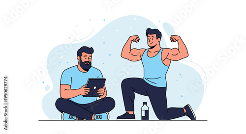 Fitness coach observing muscular man flexing biceps during workout session healthy lifestyle consultation with tablet