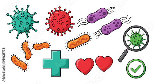 Diverse collection of colorful cartoon viruses bacteria and medical symbols like hearts and a plus sign