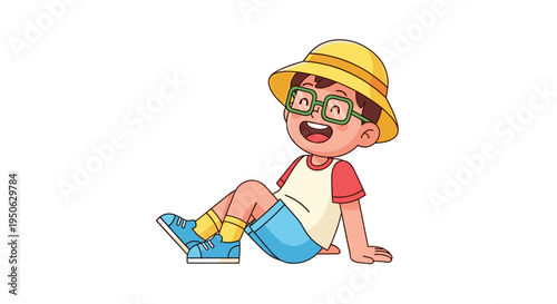 Joyful cartoon boy wearing glasses yellow hat and blue shorts sitting happily outdoors on a sunny day enjoying leisure