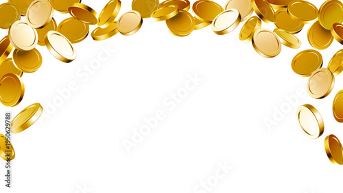 Gold coins frame. Falling golden coin border, flying shiny money and floating blank cash. 3D metallic currency shower, casino jackpot winner background, financial wealth design with white copy space