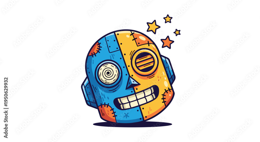 Fototapeta premium Whimsical cartoon robot head with mismatched blue and yellow halves quirky stitches and a dizzy spiral eye isolated