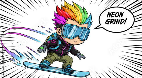 Energetic anime style snowboarder with vibrant rainbow hair and goggles performing a neon grind on a snowboard