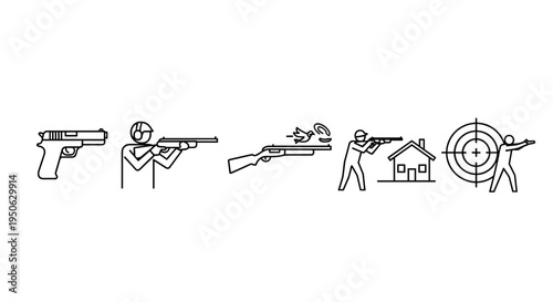 Diverse collection of line art icons representing firearms shooting targets and a silhouette of a person aiming a rifle