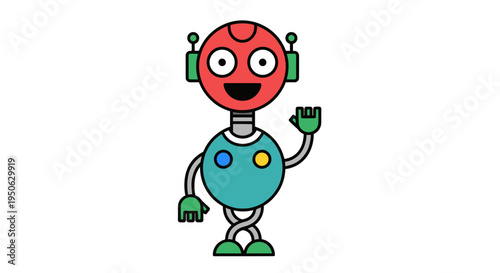 Friendly cartoon robot character waving hello with a cheerful expression isolated on a white background