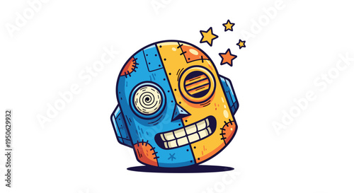 Whimsical cartoon robot head with mismatched blue and yellow halves quirky stitches and a dizzy spiral eye isolated
