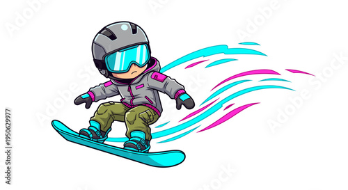 Excited child snowboarder in colorful winter gear carving down a snowy slope with vibrant abstract motion trails