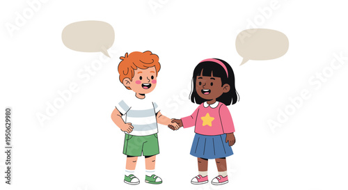 Two diverse young children a boy and a girl holding hands and talking with speech bubbles above their heads symbolizing