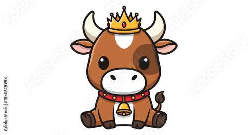 Cute cartoon cow wearing a golden crown and red collar with bell sitting peacefully isolated on white background