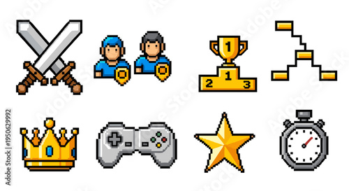 Pixelated video game icons featuring crossed swords player avatars trophy on podium stair level map crown game