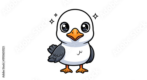 Cute cartoon baby seagull character with big eyes and fluffy feathers standing happily with sparkling highlights