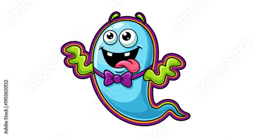 Whimsical blue ghost character with googly eyes and bow tie spooky fun cartoon creature for halloween and kids' designs