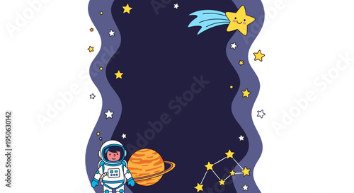 Whimsical cartoon astronaut floating in starry deep space with a friendly comet and glowing planets perfect for kids'