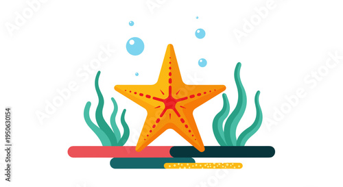 Vibrant orange starfish with red accents sits amidst lush green seaweed and colorful coral fragments surrounded