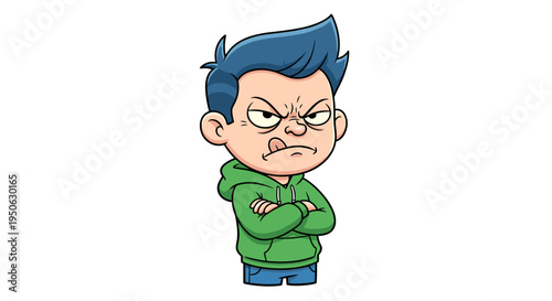 Angry cartoon boy with blue hair and green hoodie arms crossed sticking tongue out conveying frustration and defiance