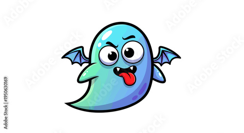 Whimsical blue cartoon ghost with small bat wings sticking out its tongue with a mischievous expression and furrowed