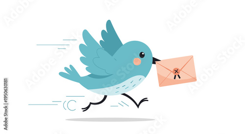 Adorable blue bird in flight delivering a letter in its beak conveying speed and communication with motion lines